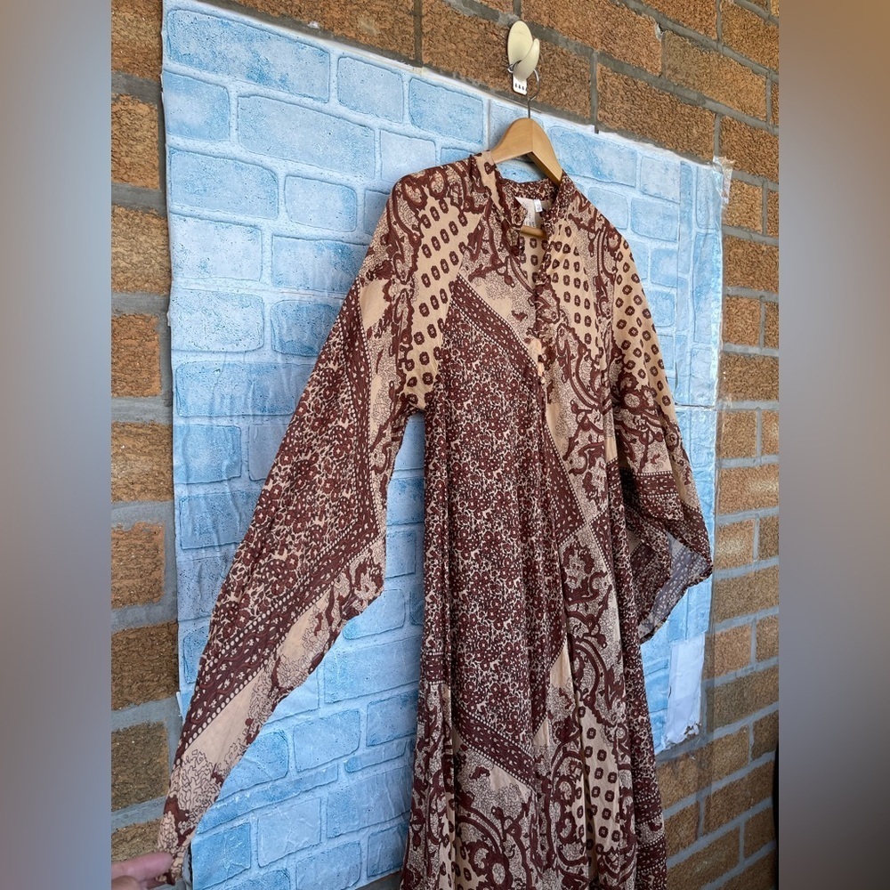 BLUE BOHEME Audrey Printed Maxi kaftan  Dress Butterfly Sleeves  brown large - Picture 4 of 14